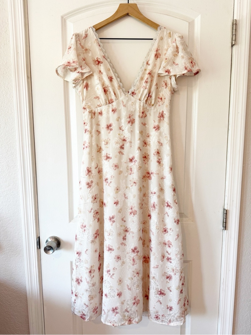 STORIA Floral Lace Trim Cottagecore Coquette Cream Maxi Dress Large Fairy
